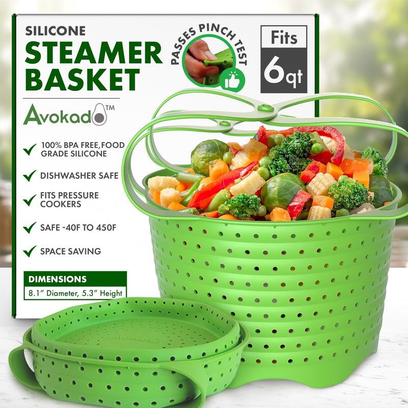 Avokado Silicone Steamer Basket for 6qt Instant Pot [3qt, 8qt avail], Ninja Foodi, Other Pressure Cookers - 100% Food Safe, BPA-Free, Dishwasher Safe Collapsible Vegetable Steamer Basket & Strainer - Image 1